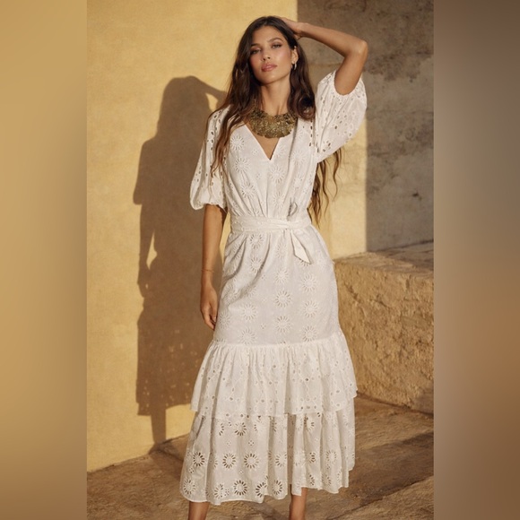 ZARA BELTED EMBROIDERED MIDI DRESS OYSTER WHITE SIZE S - Picture 3 of 15